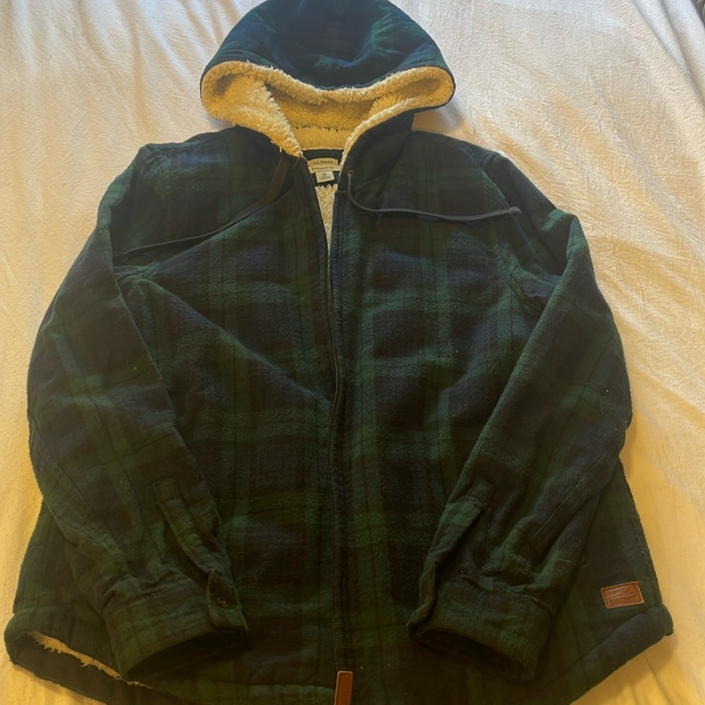 LL Bean scotch plaid flannel Sherpa coat